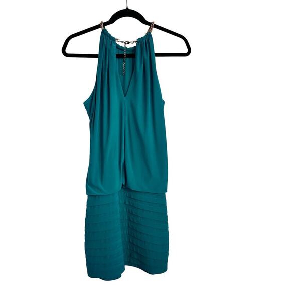 Vintage Cache Women's Green Blouson Gold Chain Halter Neck Mini Dress Size 10 - Picture 3 of 16